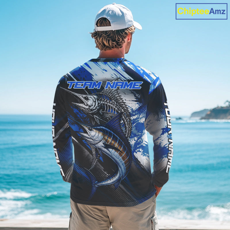 Custom Blue Marlin Fishing Jersey Marlin Skeleton Fishing Tournament Shirt, Saltwater Angler Apparel Gifts NYN4318