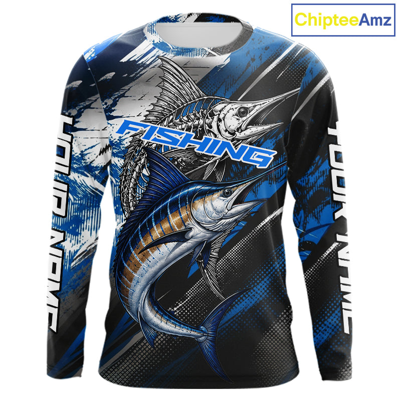 Custom Blue Marlin Fishing Jersey Marlin Skeleton Fishing Tournament Shirt, Saltwater Angler Apparel Gifts NYN4318