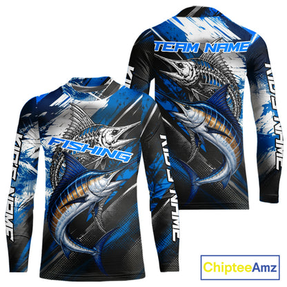 Custom Blue Marlin Fishing Jersey Marlin Skeleton Fishing Tournament Shirt, Saltwater Angler Apparel Gifts NYN4318
