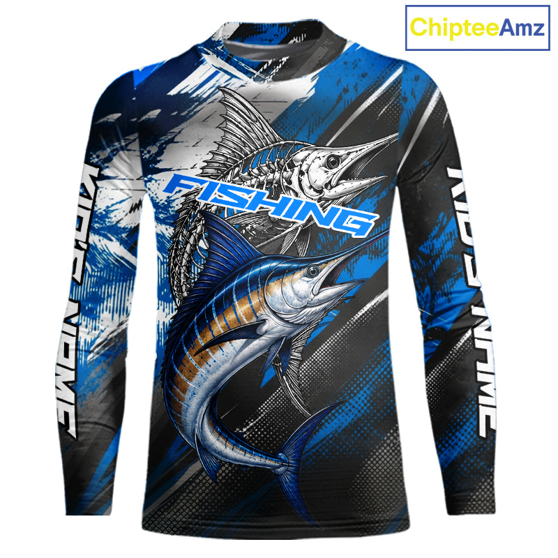 Custom Blue Marlin Fishing Jersey Marlin Skeleton Fishing Tournament Shirt, Saltwater Angler Apparel Gifts NYN4318