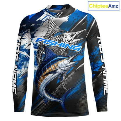 Custom Blue Marlin Fishing Jersey Marlin Skeleton Fishing Tournament Shirt, Saltwater Angler Apparel Gifts NYN4318