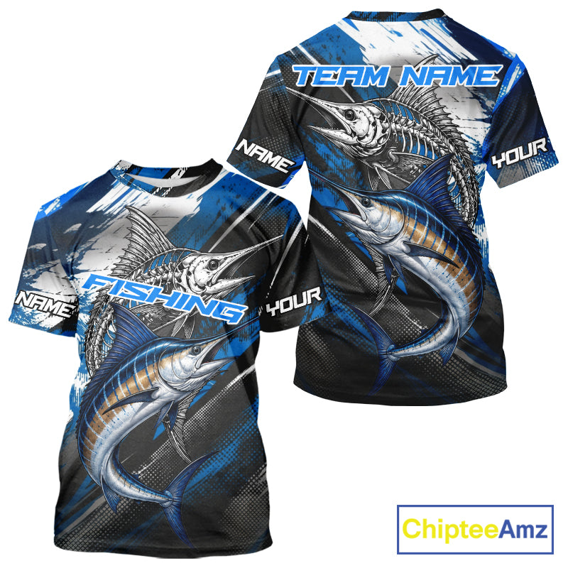Custom Blue Marlin Fishing Jersey Marlin Skeleton Fishing Tournament Shirt, Saltwater Angler Apparel Gifts NYN4318