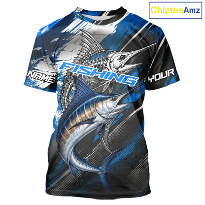 Custom Blue Marlin Fishing Jersey Marlin Skeleton Fishing Tournament Shirt, Saltwater Angler Apparel Gifts NYN4318