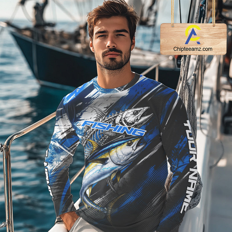 Custom Blue Tuna Fishing Jersey Tuna Skeleton Fishing Tournament Shirt, Saltwater Angler Apparel Gifts NYN4319