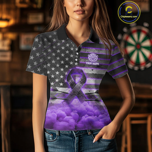 Purple Cloud Ribbon US Flag Dart Arrow Custom Breast Cancer Awareness Darts Women Polo Shirt NYN1816