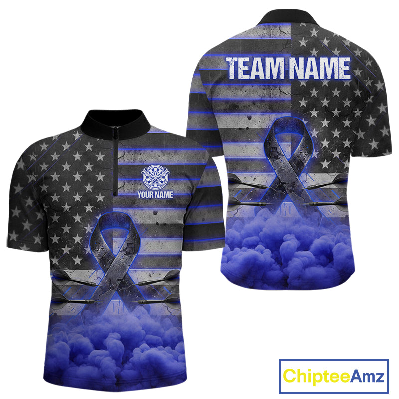 Blue Cloud Ribbon US Flag Dart Arrow Custom Breast Cancer Awareness Darts Men Quarter-Zip Shirt NYN1817