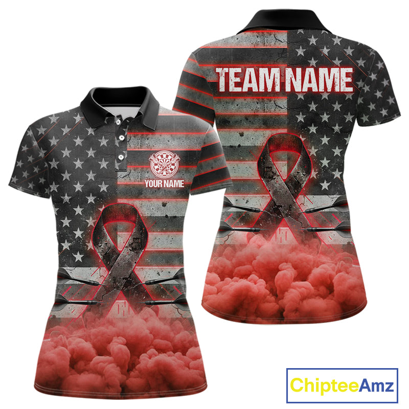 Red Cloud Ribbon US Flag Dart Arrow Custom Breast Cancer Awareness Darts Women Polo Shirt NYN1818