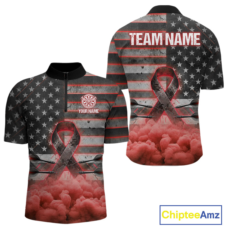 Red Cloud Ribbon US Flag Dart Arrow Custom Breast Cancer Awareness Darts Men Quarter-Zip Shirt NYN1818