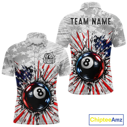 Grunge American Flag 8 Ball Billiards Shirt For Men Custom Team Pool Patriotic Billiard Cue Apparel NYN5067