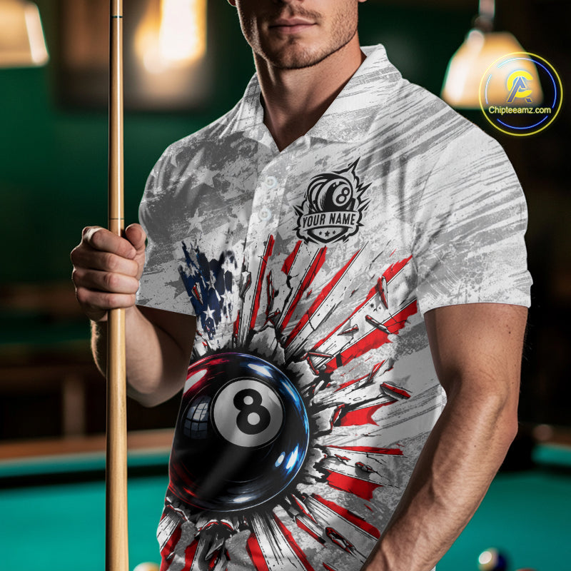 Grunge American Flag 8 Ball Billiards Shirt For Men Custom Team Pool Patriotic Billiard Cue Apparel NYN5067