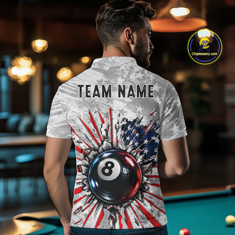 Grunge American Flag 8 Ball Billiards Shirt For Men Custom Team Pool Patriotic Billiard Cue Apparel NYN5067