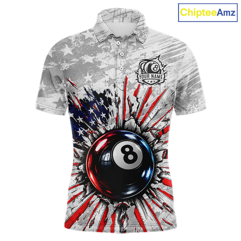 Grunge American Flag 8 Ball Billiards Shirt For Men Custom Team Pool Patriotic Billiard Cue Apparel NYN5067