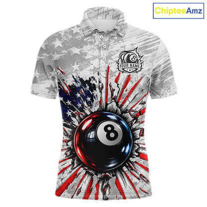 Grunge American Flag 8 Ball Billiards Shirt For Men Custom Team Pool Patriotic Billiard Cue Apparel NYN5067