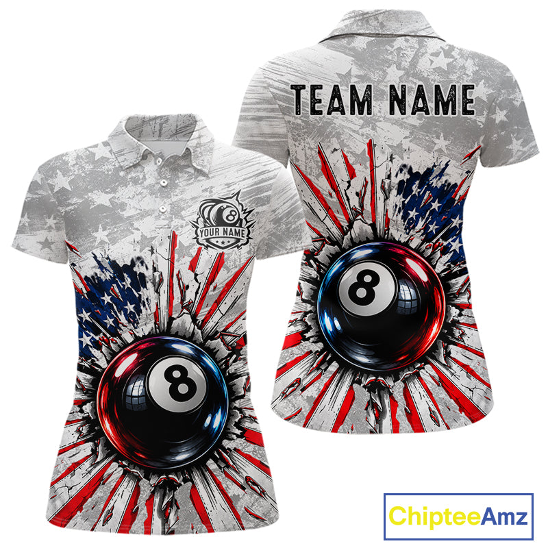 Grunge American Flag 8 Ball Billiards Shirt For Women Custom Team Pool Patriotic Billiard Cue Apparel NYN5067