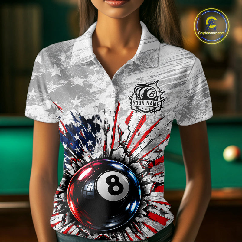 Grunge American Flag 8 Ball Billiards Shirt For Women Custom Team Pool Patriotic Billiard Cue Apparel NYN5067