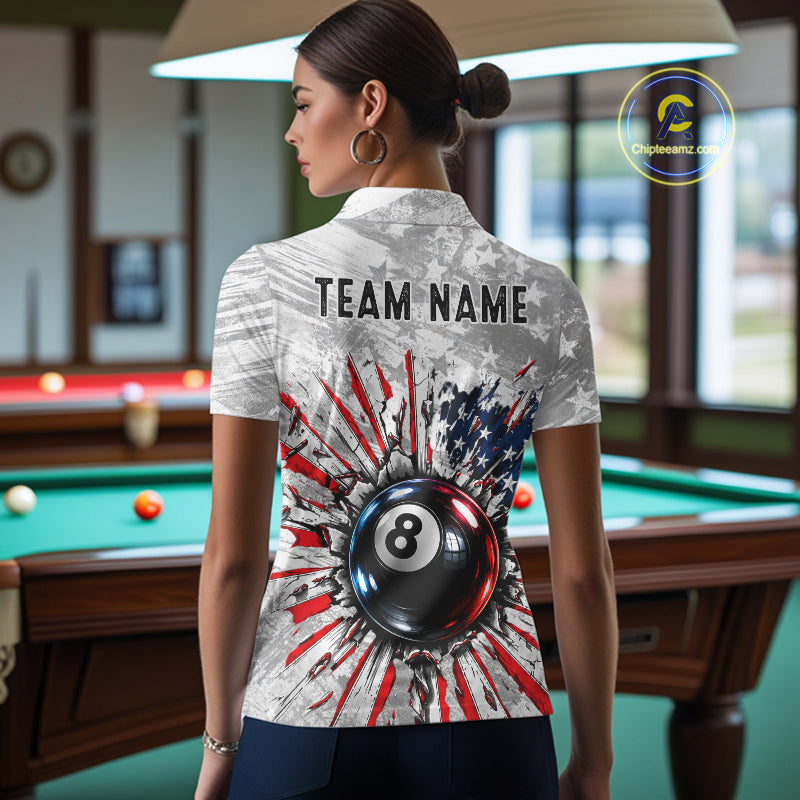 Grunge American Flag 8 Ball Billiards Shirt For Women Custom Team Pool Patriotic Billiard Cue Apparel NYN5067