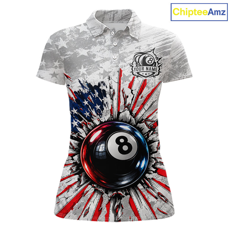 Grunge American Flag 8 Ball Billiards Shirt For Women Custom Team Pool Patriotic Billiard Cue Apparel NYN5067