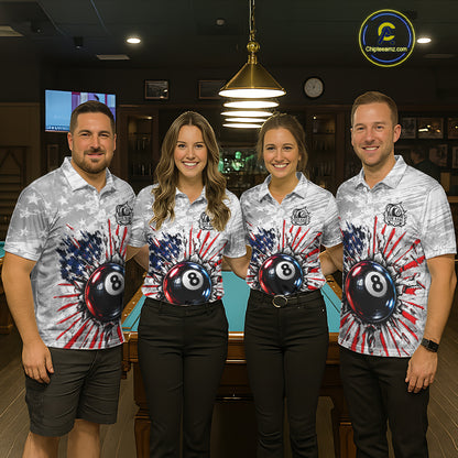 Grunge American Flag 8 Ball Billiards Shirt For Women Custom Team Pool Patriotic Billiard Cue Apparel NYN5067