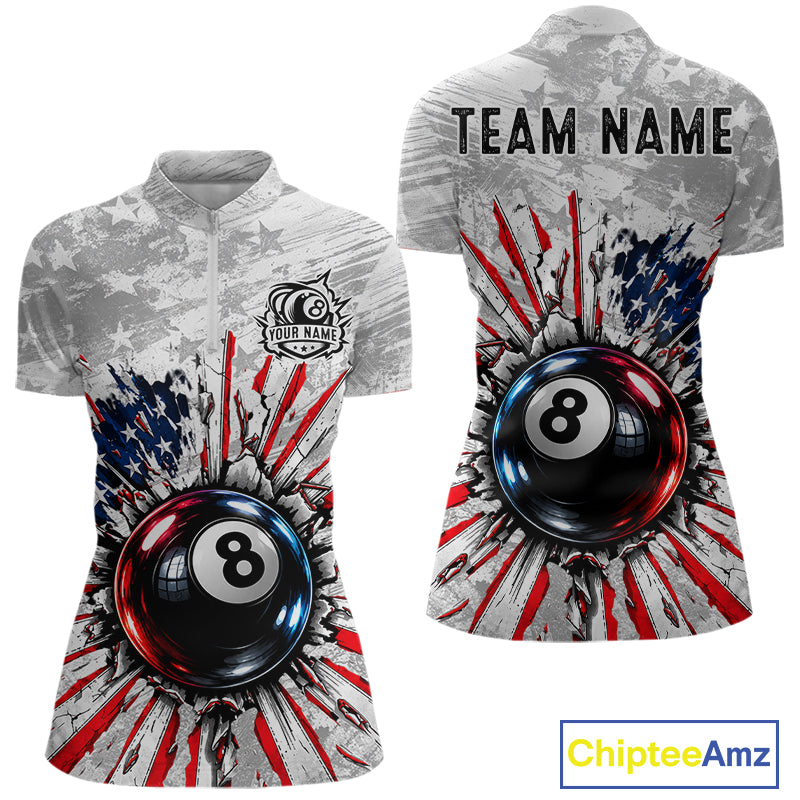 Grunge American Flag 8 Ball Billiards Shirt For Women Custom Team Pool Patriotic Billiard Cue Apparel NYN5067