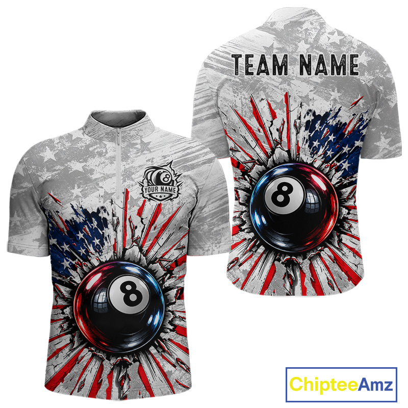 Grunge American Flag 8 Ball Billiards Shirt For Men Custom Team Pool Patriotic Billiard Cue Apparel NYN5067