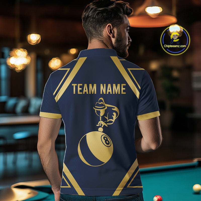 Navy Gold 8 Ball Billiard Polo 1/4-Zip For Men Personalized Pool Jersey Billiard Pool Team Apparel NYN5081
