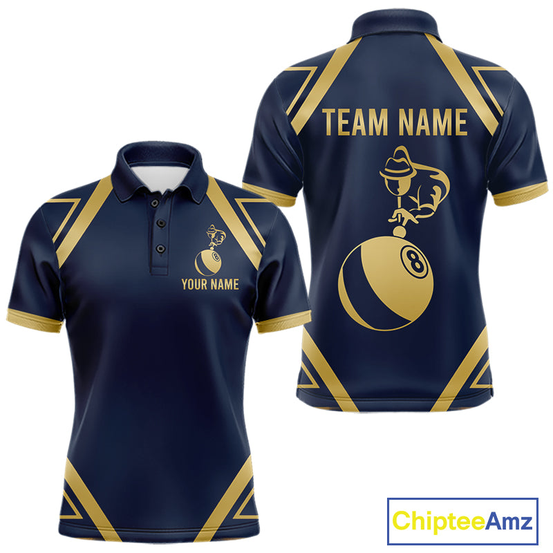 Navy Gold 8 Ball Billiard Polo 1/4-Zip For Men Personalized Pool Jersey Billiard Pool Team Apparel NYN5081