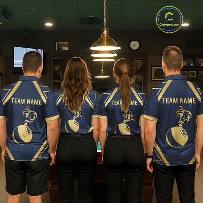 Navy Gold 8 Ball Billiard Polo 1/4-Zip For Men Personalized Pool Jersey Billiard Pool Team Apparel NYN5081