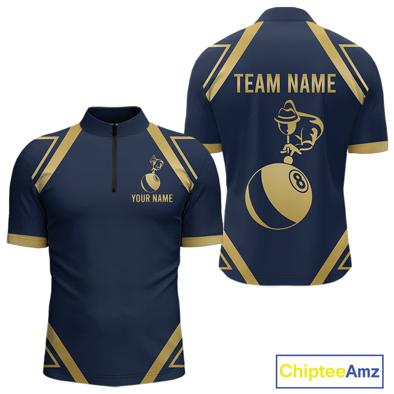 Navy Gold 8 Ball Billiard Polo 1/4-Zip For Men Personalized Pool Jersey Billiard Pool Team Apparel NYN5081