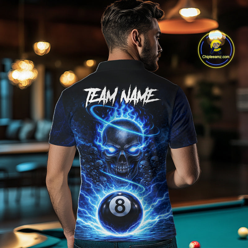 Blue Flames Multi Skull Thunder Pool 8 Ball 3D Billiard Shirt For Men Custom Billiard Team Attire NYN2603