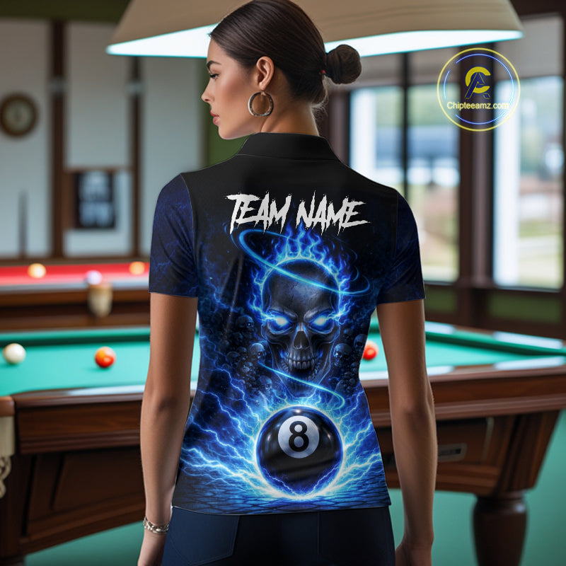 Blue Flames Multi Skull Thunder Pool 8 Ball 3D Billiard Shirt For Women Custom Billiard Team Attire NYN2603
