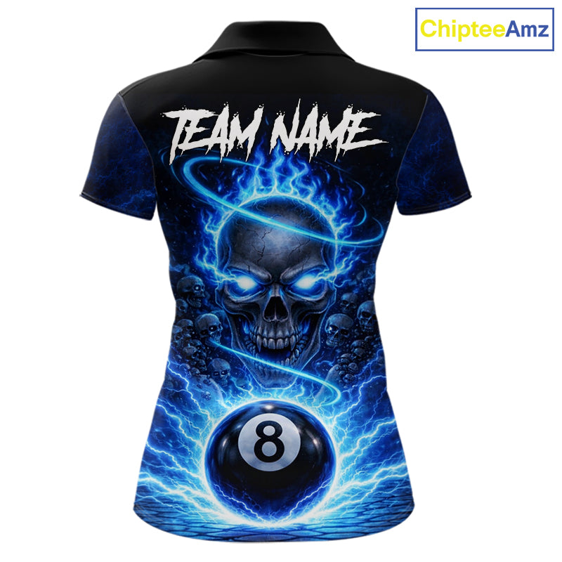 Blue Flames Multi Skull Thunder Pool 8 Ball 3D Billiard Shirt For Women Custom Billiard Team Attire NYN2603