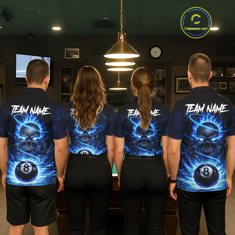 Blue Flames Multi Skull Thunder Pool 8 Ball 3D Billiard Shirt For Men Custom Billiard Team Attire NYN2603