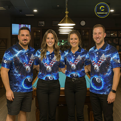 US Flag Eagle Thunder Blue Pool 8 Ball Women Billiard Shirt Custom Patriotic Billiard Team Attire NYN2604