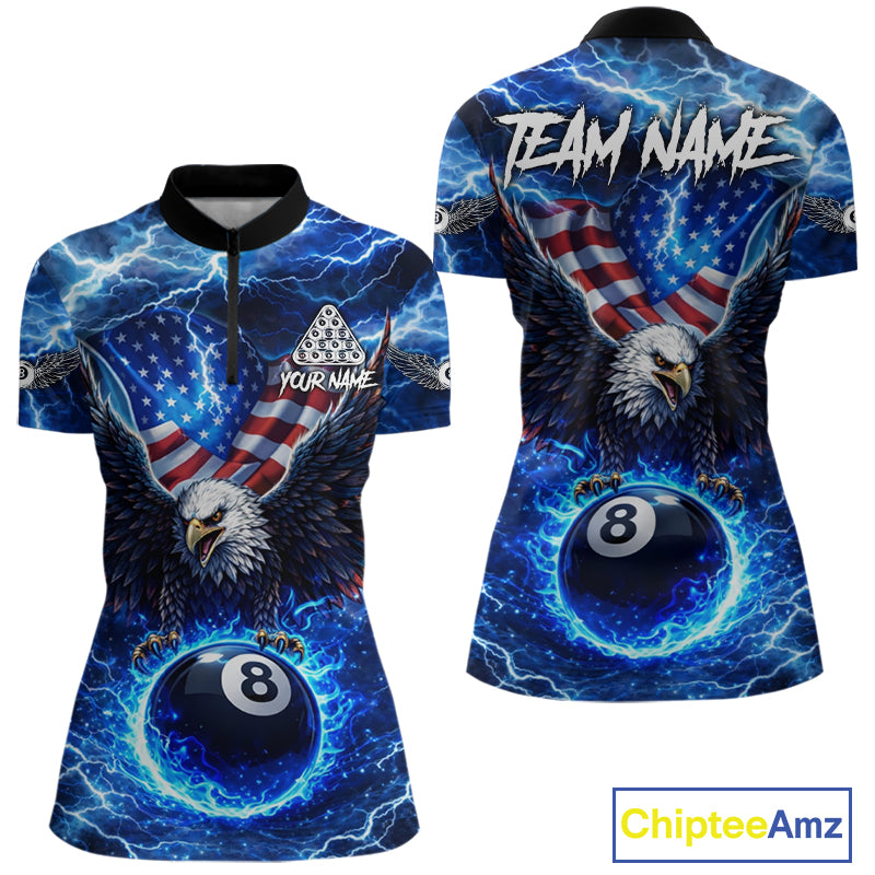 US Flag Eagle Thunder Blue Pool 8 Ball Women Billiard Shirt Custom Patriotic Billiard Team Attire NYN2604