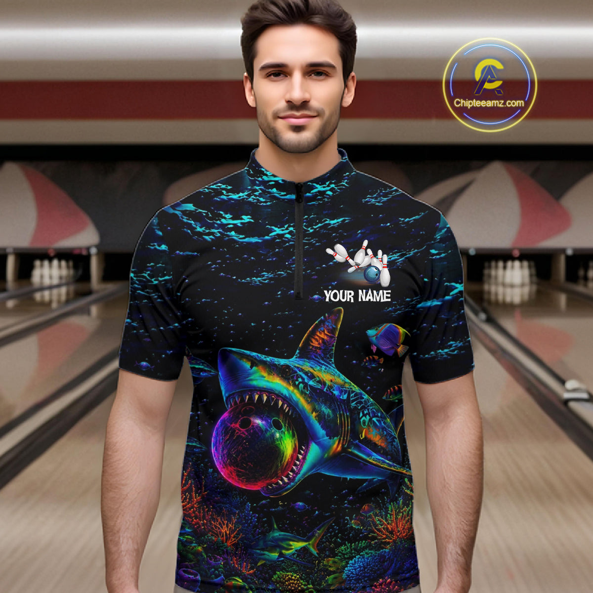 Funny Shark Ocean Neon Bowling  Jerseys For Men Custom Colorful Bowling Shirts Team Attire NYN3169