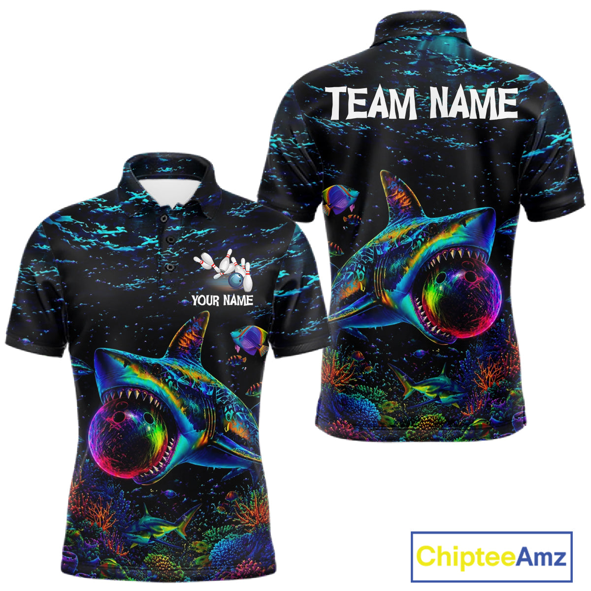 Funny Shark Ocean Neon Bowling  Jerseys For Men Custom Colorful Bowling Shirts Team Attire NYN3169