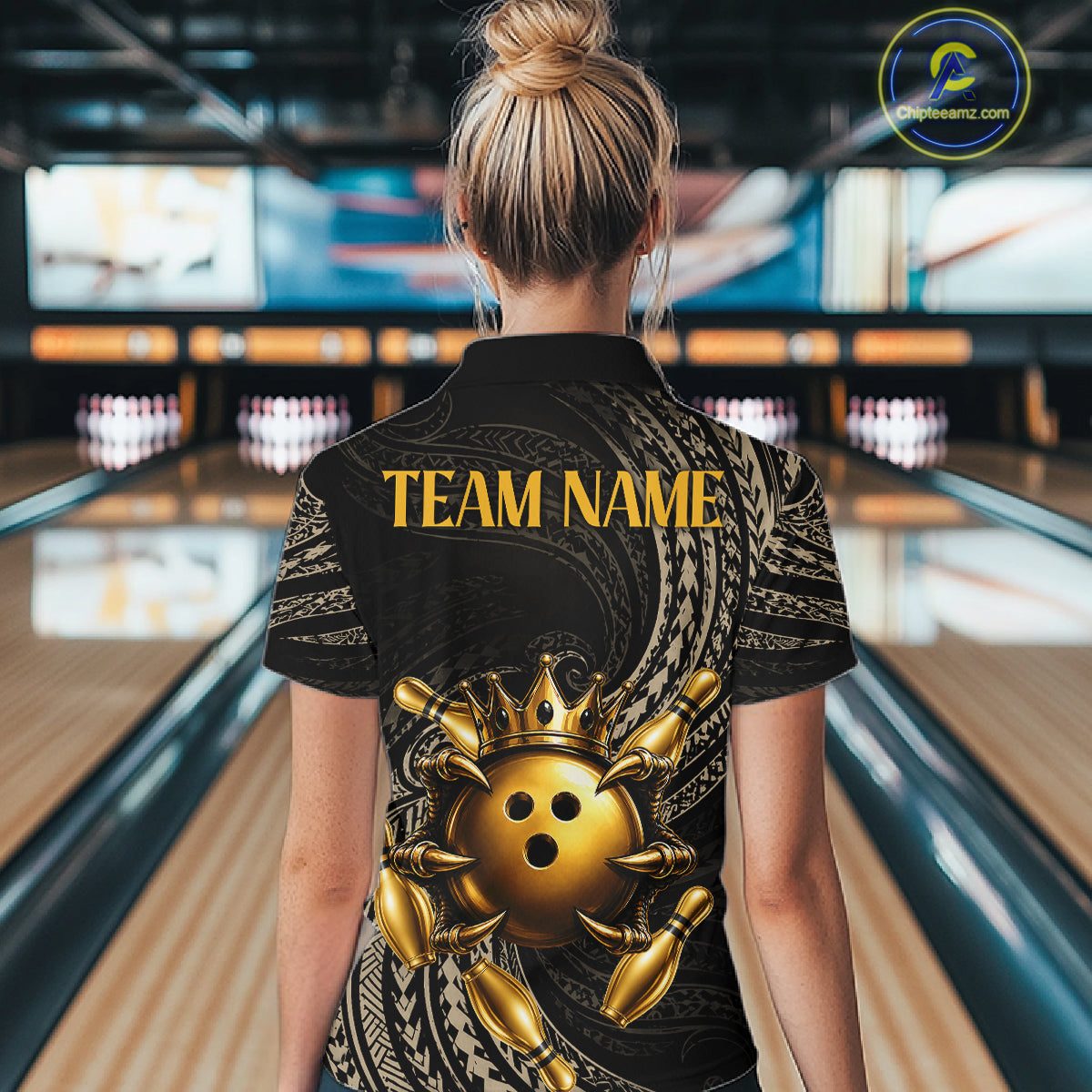 Black And Gold Crown Bowling Ball & Pin Jerseys For Women Custom Claws Skull Bowling Team Attire NYN3170
