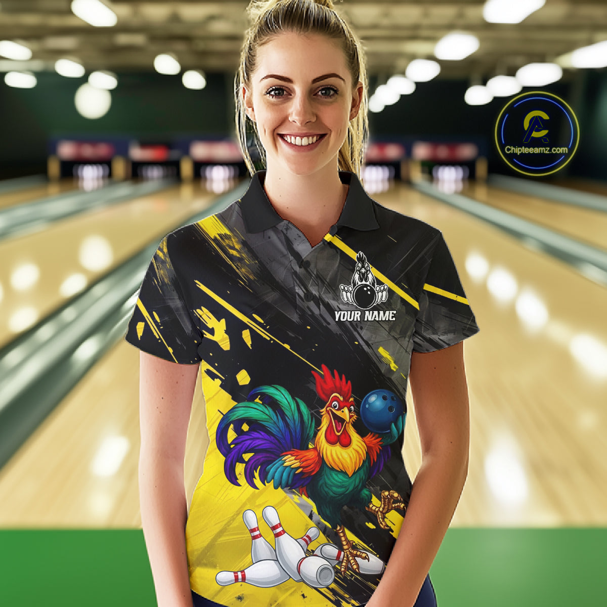 Personalized Colorful Funny Rooster Bowling Shirt For Women Yellow Grunge Bowling Team Jersey NYN3174