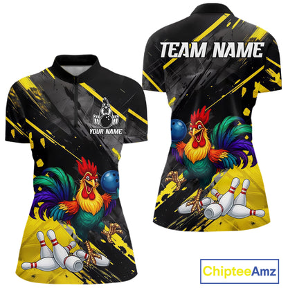 Personalized Colorful Funny Rooster Bowling Shirt For Women Yellow Grunge Bowling Team Jersey NYN3174