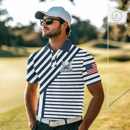 White And Blue Pinstripe Men Golf Polo Shirt Personalized Patriotic Golf Team Outfits NYN3387