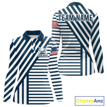 Load image into Gallery viewer, White and blue pinstripe womens golf polo patriotic golf shirt