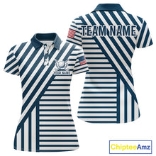 Load image into Gallery viewer, White and blue pinstripe womens golf polo patriotic golf shirt