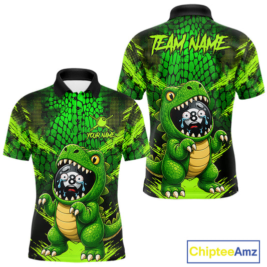 Custom Green Paint Alligator Men's Billiard Polo Shirt, Funny 8 Ball Pool League Jersey, Personalized Tournament Apparel