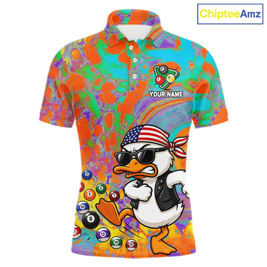 Colorful Splatter Funny Duck Men's Billiard Polo Shirt, Personalized Duck Pool League Jersey
