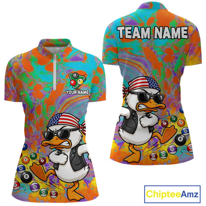 Colorful Duck Women's Quarter-Zip Billiard Shirt, Personalized Pool Tournament Jersey