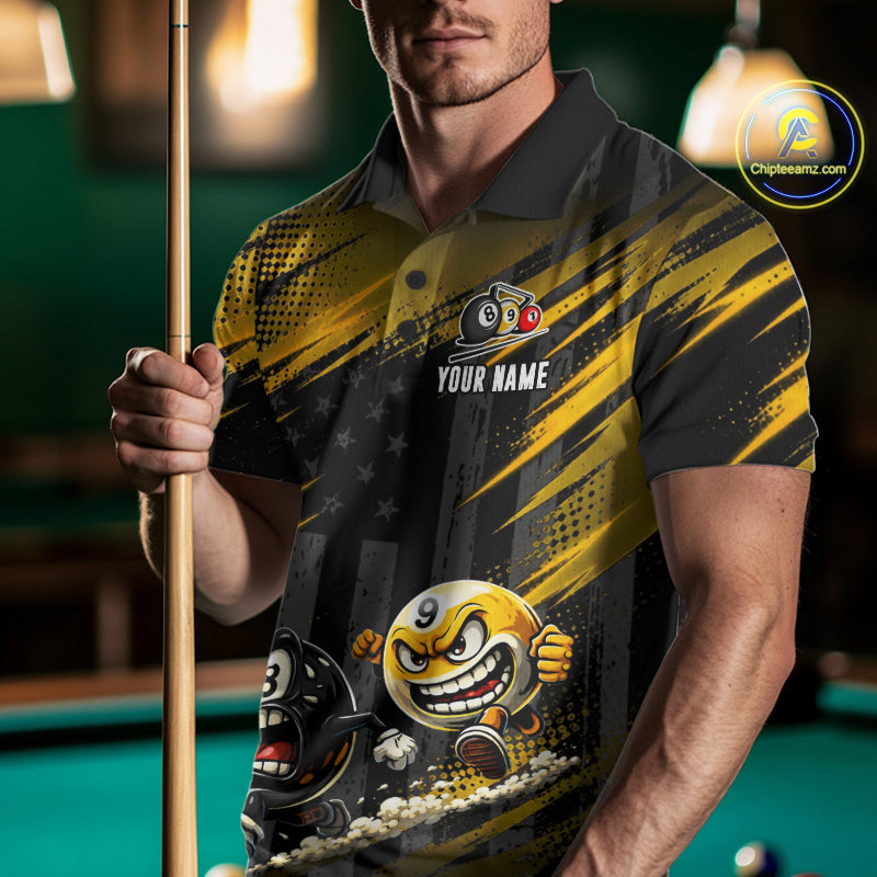 Male model wearing Yellow Neon pool polo, tournament jersey, competitive billiards athlete