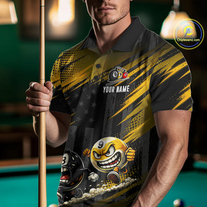 Male model wearing Yellow Neon pool polo, tournament jersey, competitive billiards athlete