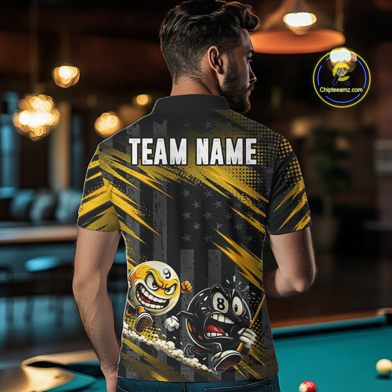 Male model wearing Yellow Neon pool polo, tournament jersey, competitive billiards athlete