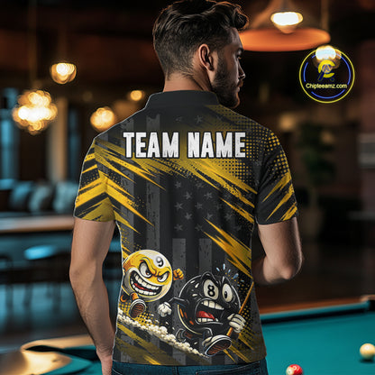 Male model wearing Yellow Neon pool polo, tournament jersey, competitive billiards athlete