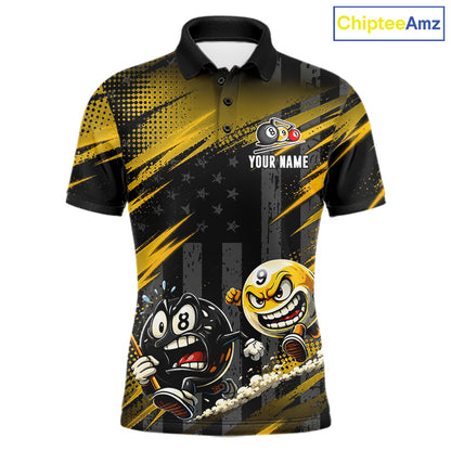 Yellow Neon Funny 8 Ball & 9 Ball Men's Billiard Polo Shirt, Custom Pool League Jersey